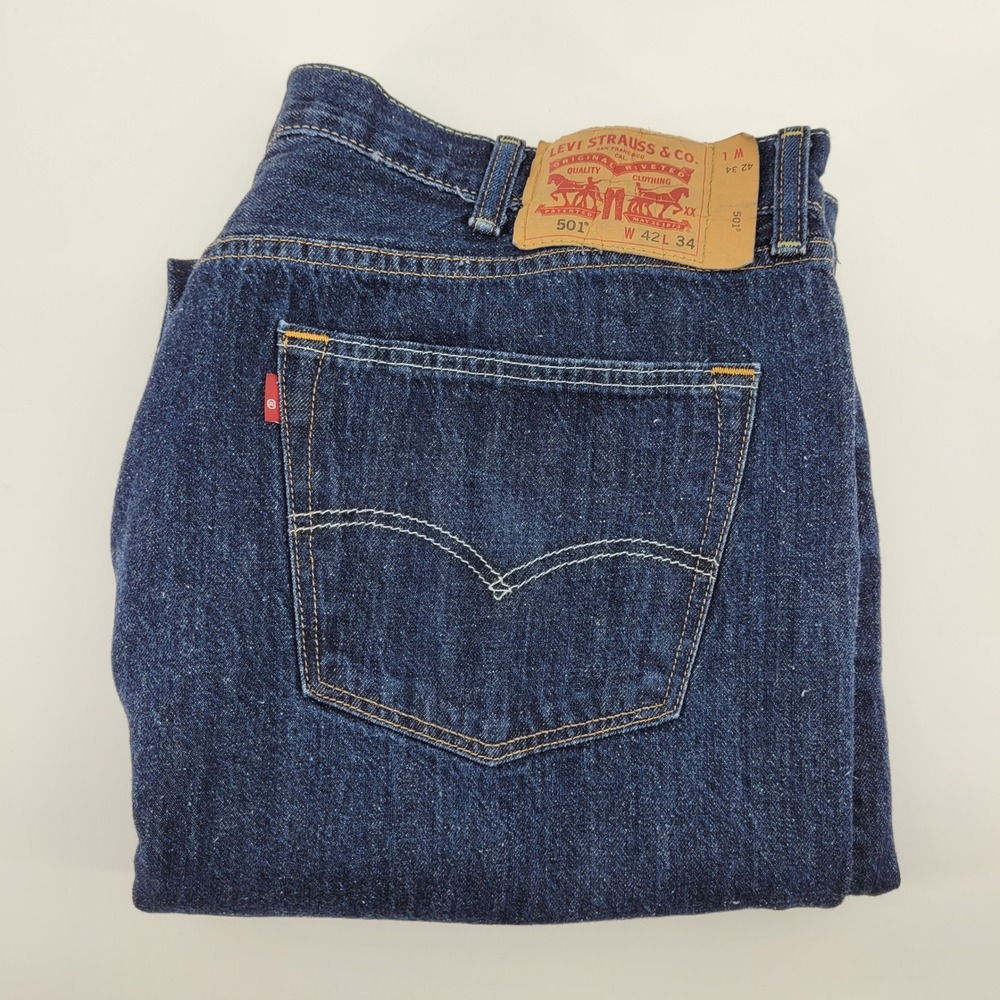 Levi Strauss 501 Jeans 42x34 White Button Fly Jeans Dark Wash Straight Leg Denim